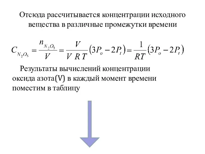 Отсюда рассчитывается концентрации исходного вещества в различные промежутки времени Результаты вычислений