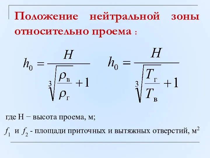 Положение нейтральной зоны относительно проема : где Н − высота проема,