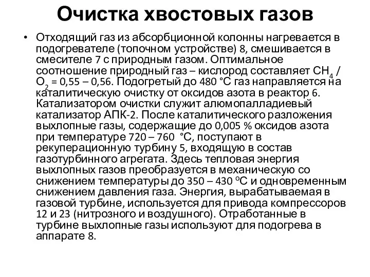 Очистка хвостовых газов Отходящий газ из абсорбционной колонны нагревается в подогревателе