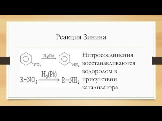 Реакция Зинина Нитросоединения восстанавливаются водородом в присутствии катализатора: