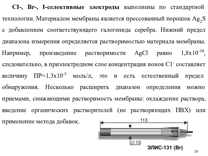 CI-, Br-, I-селективные электроды выполнены по стандартной технологии. Материалом мембраны является