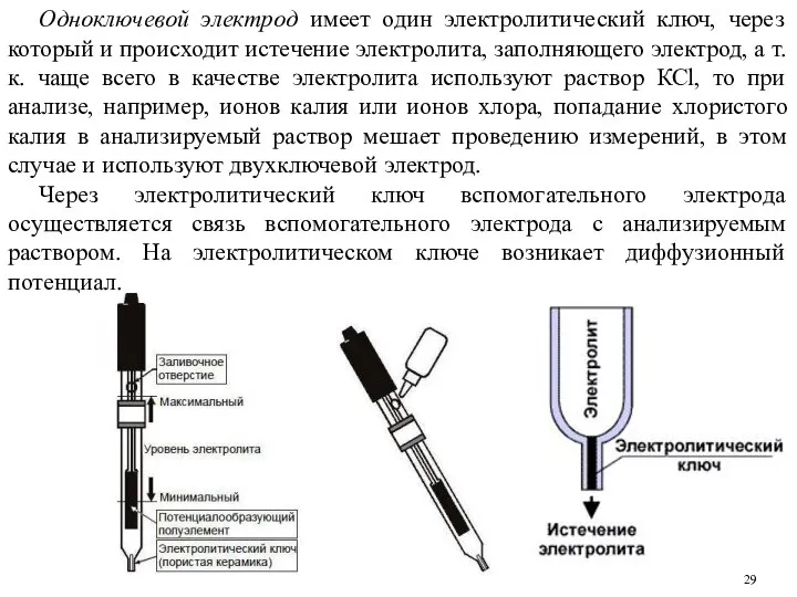 Одноключевой электрод имеет один электролитический ключ, через который и происходит истечение