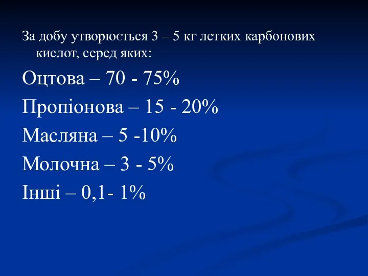 За добу утворюється 3 – 5 кг летких карбонових кислот, серед