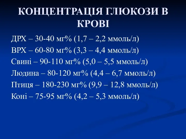 КОНЦЕНТРАЦІЯ ГЛЮКОЗИ В КРОВІ ДРХ – 30-40 мг% (1,7 – 2,2