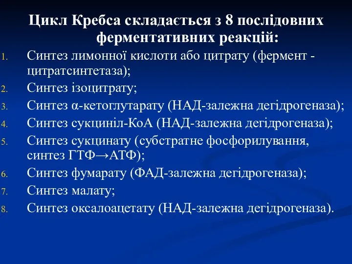 Цикл Кребса складається з 8 послідовних ферментативних реакцій: Синтез лимонної кислоти