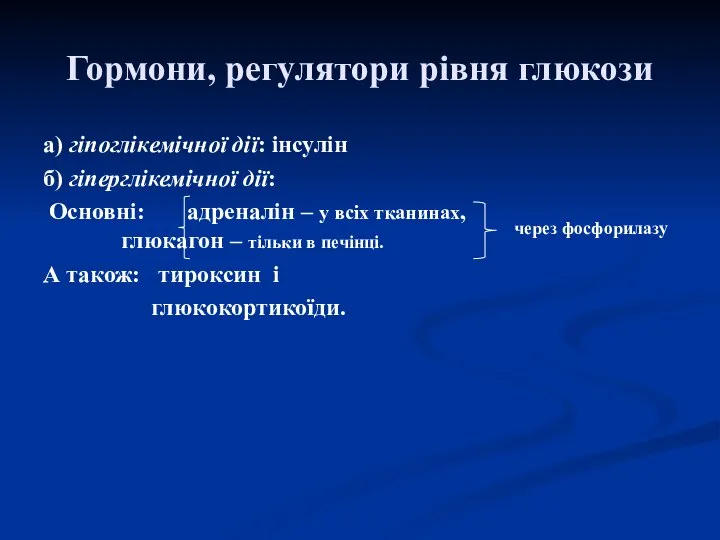 Гормони, регулятори рівня глюкози а) гіпоглікемічної дії: інсулін б) гіперглікемічної дії: