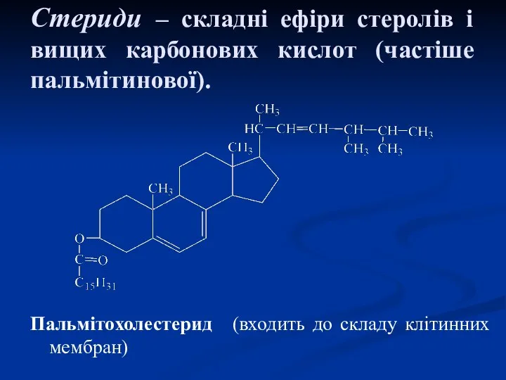 Стериди – складні ефіри стеролів і вищих карбонових кислот (частіше пальмітинової).