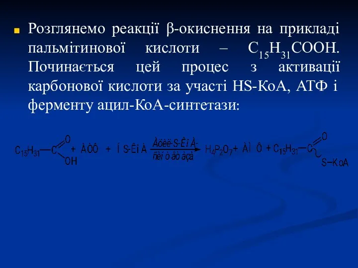 Розглянемо реакції β-окиснення на прикладі пальмітинової кислоти – С15Н31СООН. Починається цей