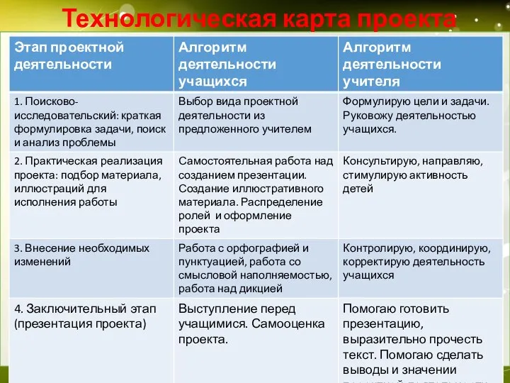 * Технологическая карта проекта