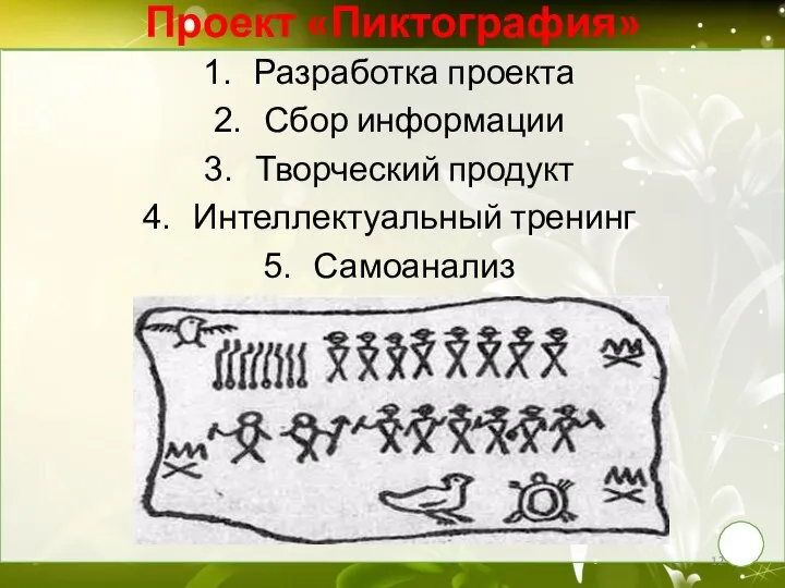 Проект «Пиктография» Разработка проекта Сбор информации Творческий продукт Интеллектуальный тренинг Самоанализ