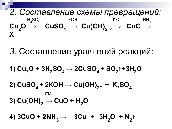 2. Составление схемы превращений: Н2SO4 КОН toC NH3 Cu2O → СuSO4