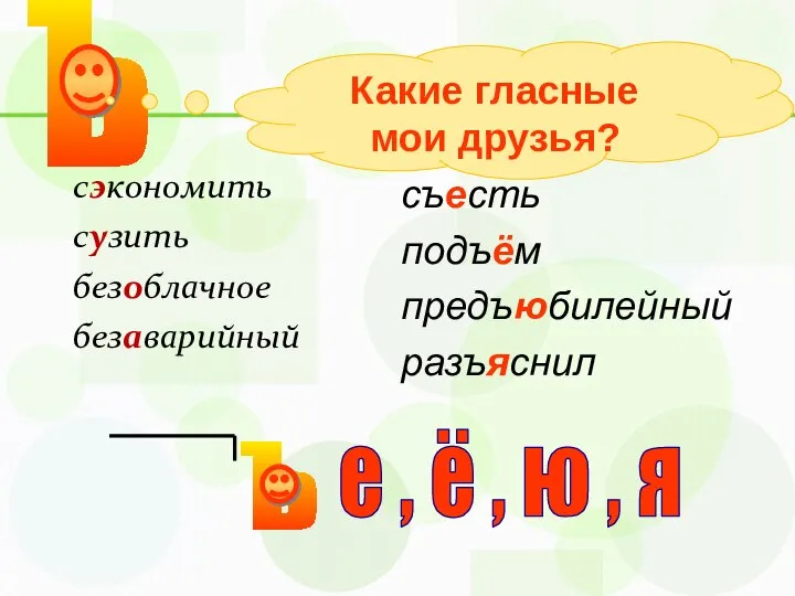 сэкономить сузить безоблачное безаварийный Какие гласные мои друзья? съесть подъём предъюбилейный разъяснил