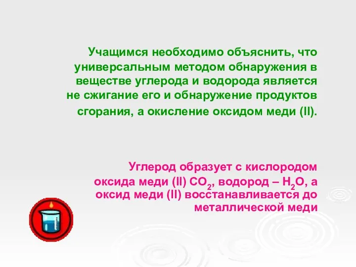 Учащимся необходимо объяснить, что универсальным методом обнаружения в веществе углерода и