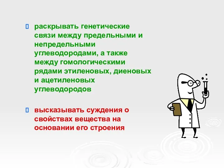 раскрывать генетические связи между предельными и непредельными углеводородами, а также между