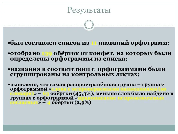 Результаты был составлен список из 11 названий орфограмм; отобрано 139 обёрток