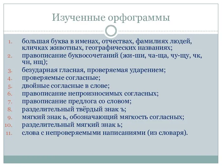 Изученные орфограммы большая буква в именах, отчествах, фамилиях людей, кличках животных,