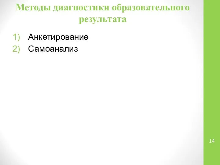 Методы диагностики образовательного результата Анкетирование Самоанализ