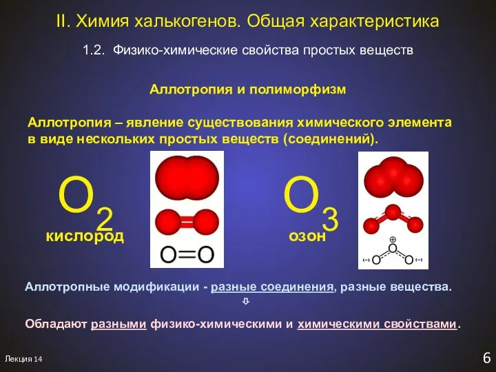 Лекция 14 6 1.2. Физико-химические свойства простых веществ II. Химия халькогенов.