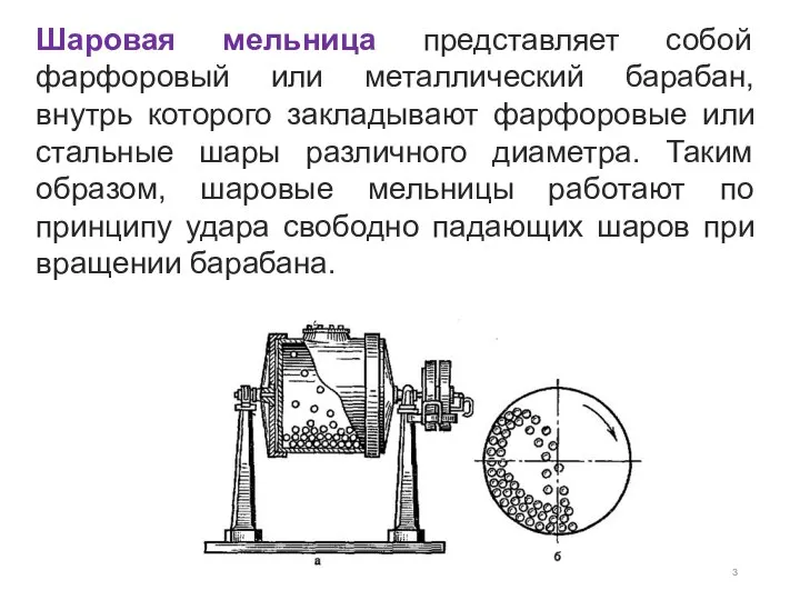 Шаровая мельница представляет собой фарфоровый или металлический барабан, внутрь которого закладывают