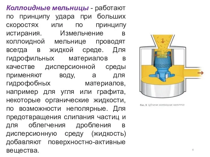 Коллоидные мельницы - работают по принципу удара при больших скоростях или