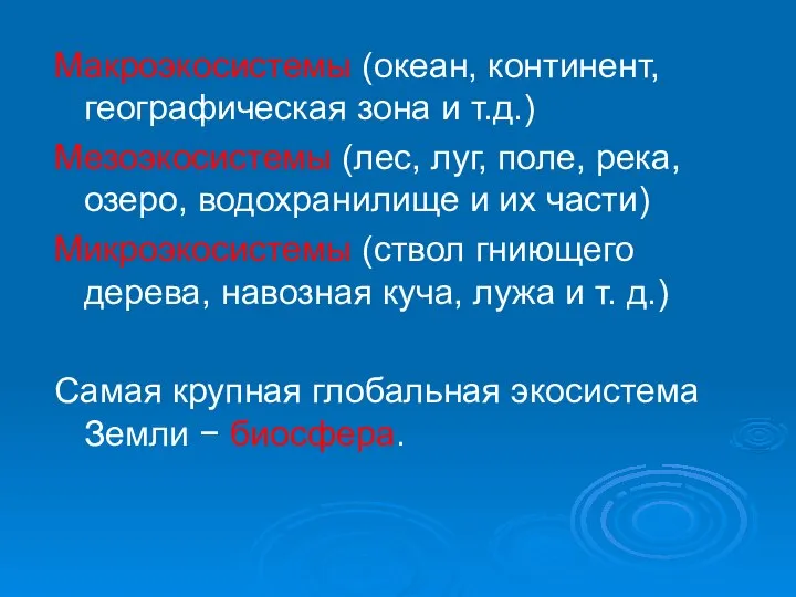 Макроэкосистемы (океан, континент, географическая зона и т.д.) Мезоэкосистемы (лес, луг, поле,