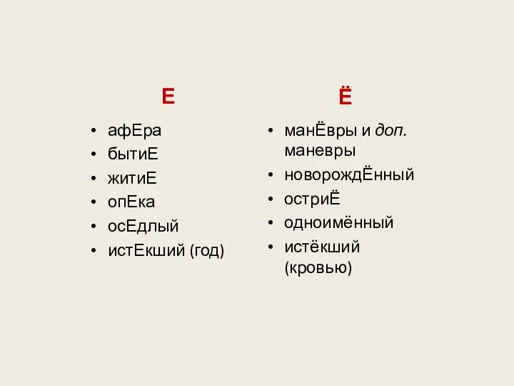 Е афЕра бытиЕ житиЕ опЕка осЕдлый истЕкший (год) Ё манЁвры и