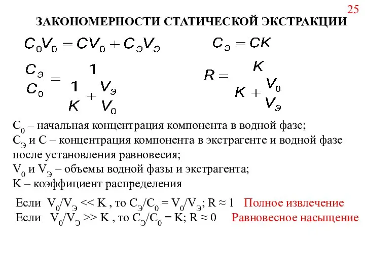 С0 – начальная концентрация компонента в водной фазе; СЭ и C