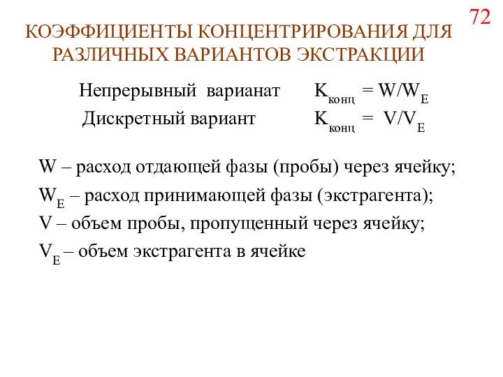 КОЭФФИЦИЕНТЫ КОНЦЕНТРИРОВАНИЯ ДЛЯ РАЗЛИЧНЫХ ВАРИАНТОВ ЭКСТРАКЦИИ Непрерывный варианат Kконц = W/WE