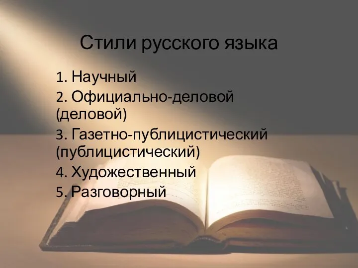 Стили русского языка 1. Научный 2. Официально-деловой (деловой) 3. Газетно-публицистический (публицистический) 4. Художественный 5. Разговорный