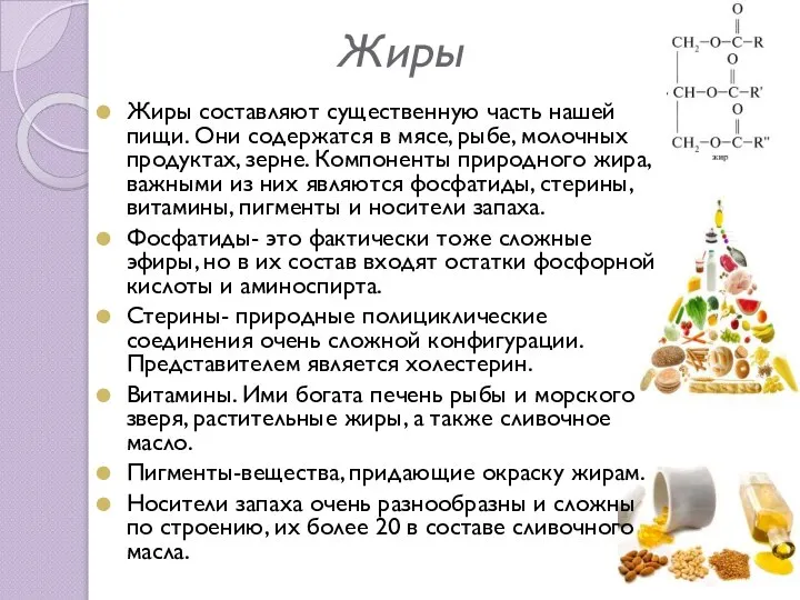 Жиры Жиры составляют существенную часть нашей пищи. Они содержатся в мясе,