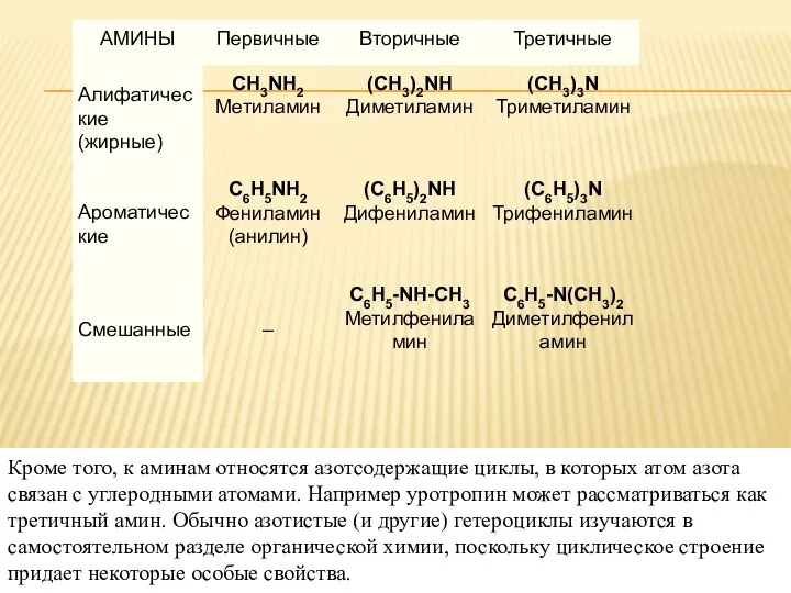 Кроме того, к аминам относятся азотсодержащие циклы, в которых атом азота