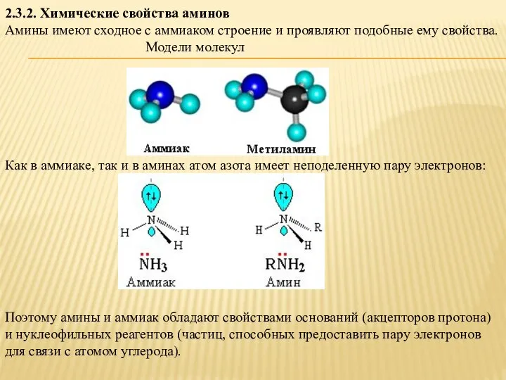 2.3.2. Химические свойства аминов Амины имеют сходное с аммиаком строение и