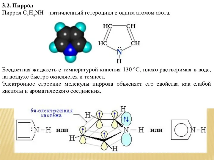 3.2. Пиррол Пиррол С4H4NН – пятичленный гетероцикл с одним атомом азота.