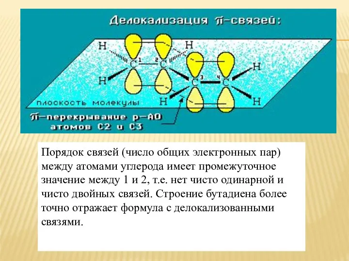 Порядок связей (число общих электронных пар) между атомами углерода имеет промежуточное