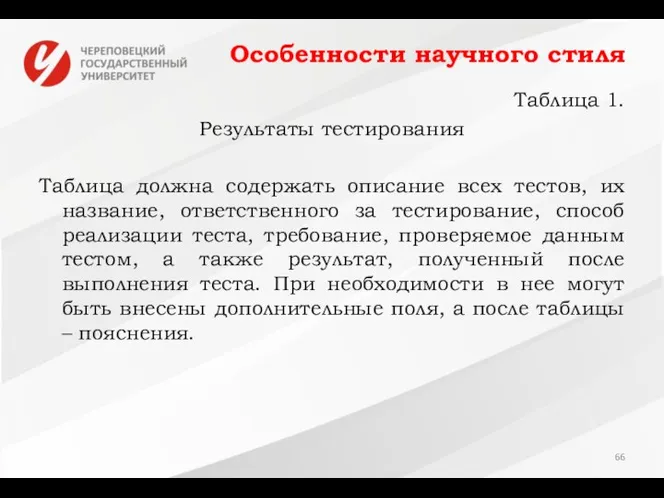 Особенности научного стиля Таблица 1. Результаты тестирования Таблица должна содержать описание