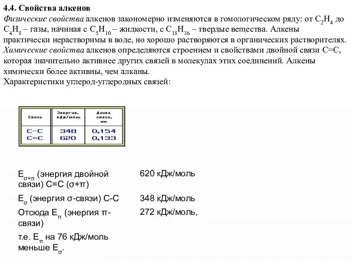 4.4. Свойства алкенов Физические свойства алкенов закономерно изменяются в гомологическом ряду: