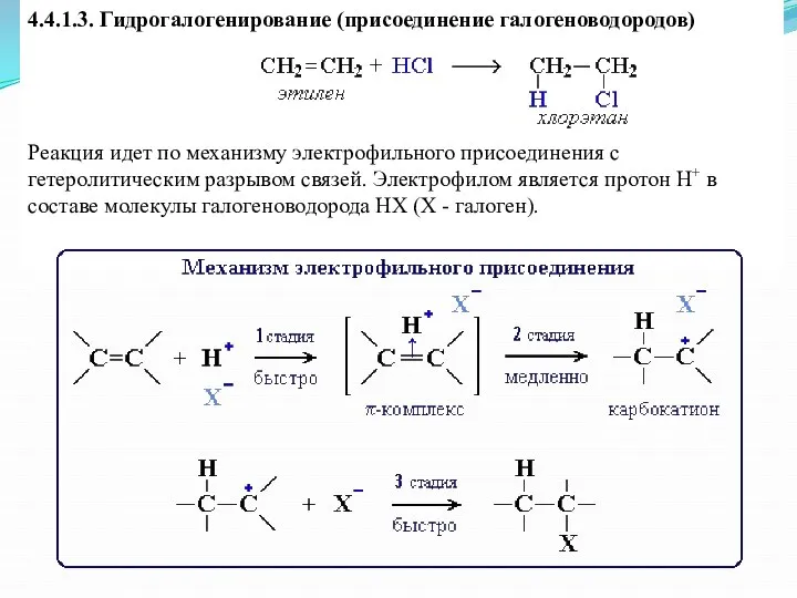 4.4.1.3. Гидрогалогенирование (присоединение галогеноводородов) Реакция идет по механизму электрофильного присоединения с