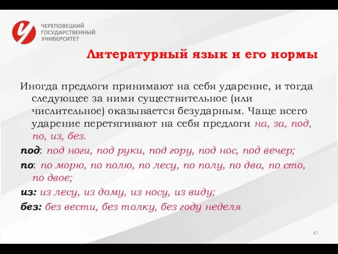 Литературный язык и его нормы Иногда предлоги принимают на себя ударение,