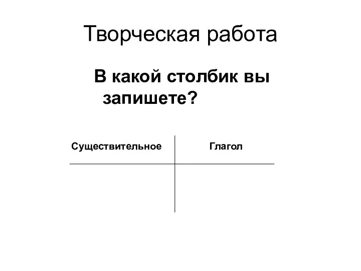 Творческая работа В какой столбик вы запишете? Существительное Глагол