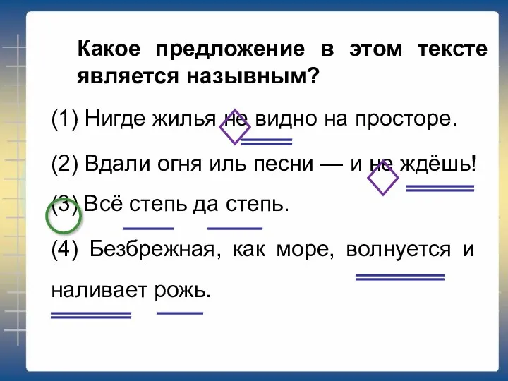 Какое предложение в этом тексте является назывным? (1) Нигде жилья не