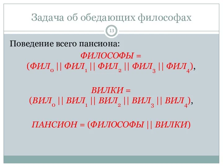 Задача об обедающих философах Поведение всего пансиона: ФИЛОСОФЫ = (ФИЛ0 ||