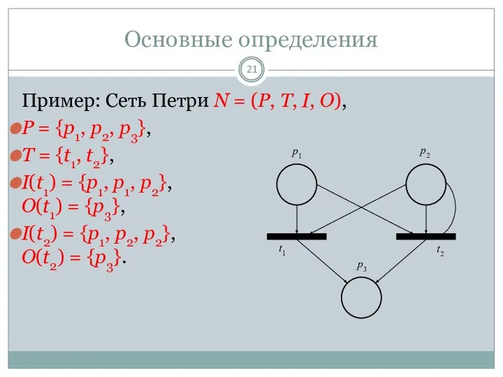 Основные определения Пример: Сеть Петри N = (P, T, I, O),