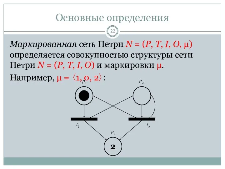 Основные определения Маркированная сеть Петри N = (P, T, I, O,