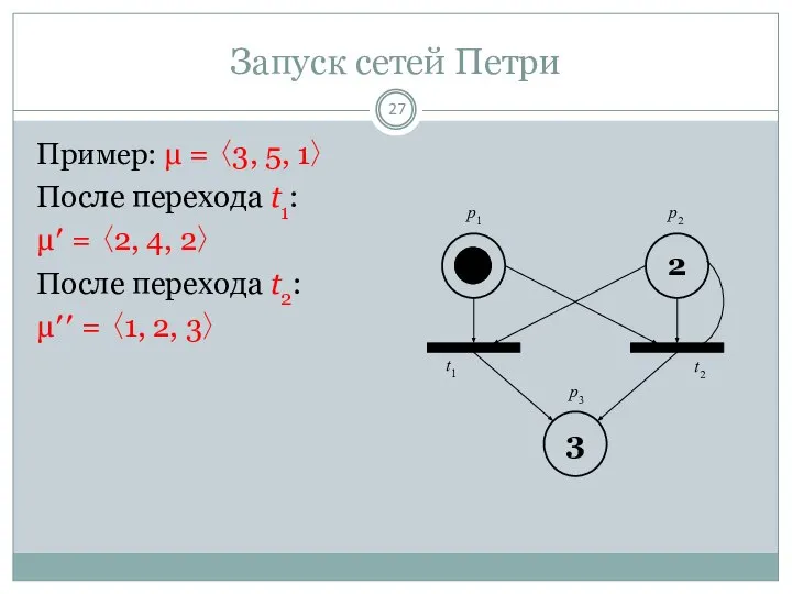 Запуск сетей Петри Пример: μ = 〈3, 5, 1〉 После перехода