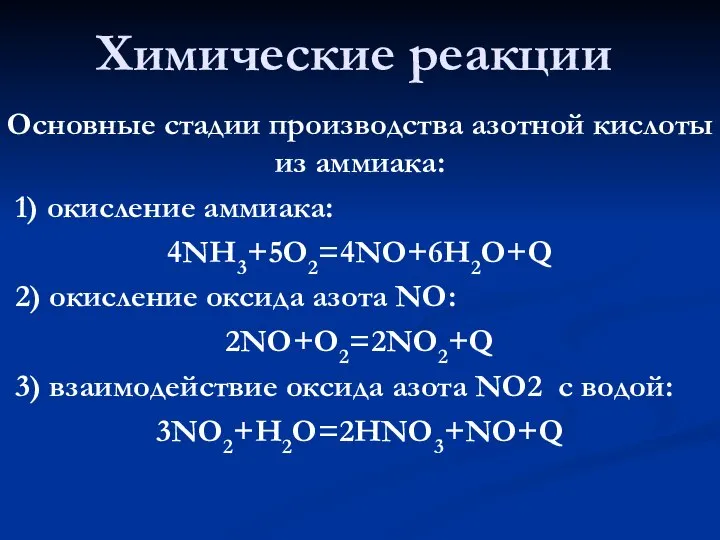 Химические реакции Основные стадии производства азотной кислоты из аммиака: 1) окисление