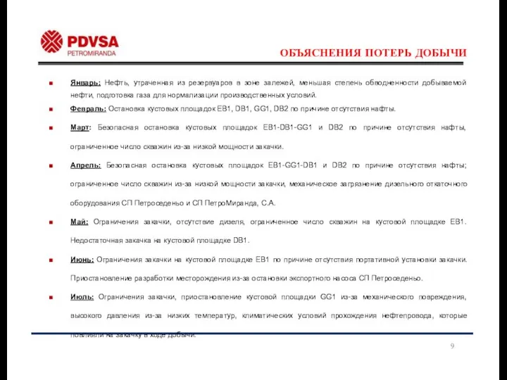 ОБЪЯСНЕНИЯ ПОТЕРЬ ДОБЫЧИ ■ Январь: Нефть, утраченная из резервуаров в зоне