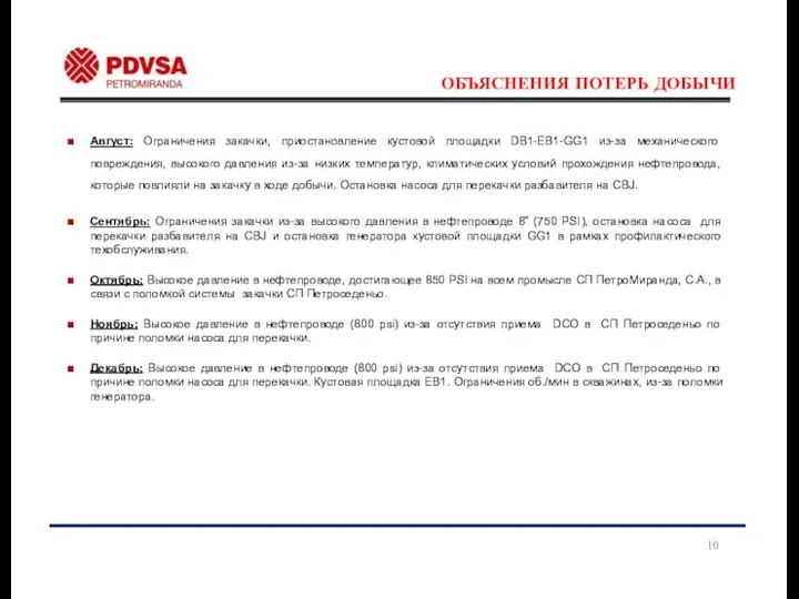 ОБЪЯСНЕНИЯ ПОТЕРЬ ДОБЫЧИ Август: Ограничения закачки, приостановление кустовой площадки DB1-EB1-GG1 из-за