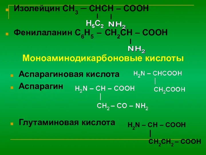 Изолейцин CH3 ─ CHCH – COOH Фенилаланин C6H5 – CH2CH –