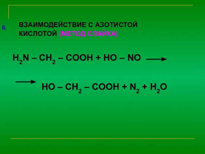 6. ВЗАИМОДЕЙСТВИЕ С АЗОТИСТОЙ КИСЛОТОЙ (МЕТОД СЛАЙКА) H2N – CH2 –