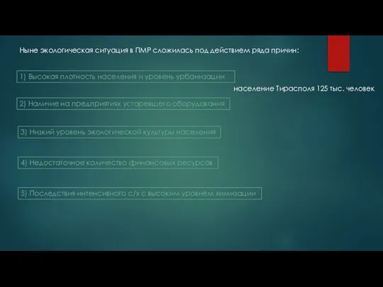 1) Высокая плотность населения и уровень урбанизации население Тирасполя 125 тыс.